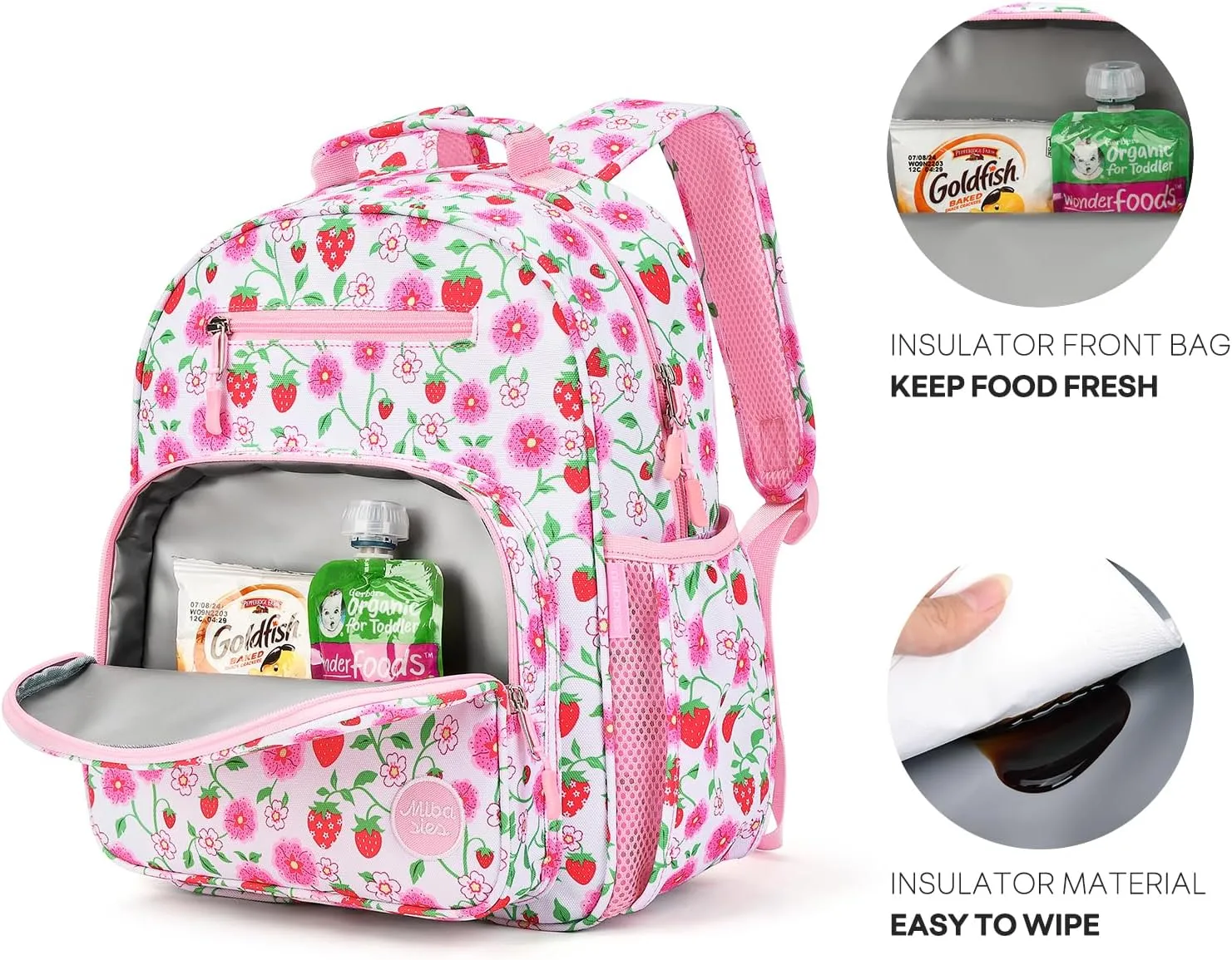 mibasies Girls Backpack 5-8: Lightweight Kids Backpacks for Girls - Girl Bookbag for Elementary School - Strawberry Floral Pink