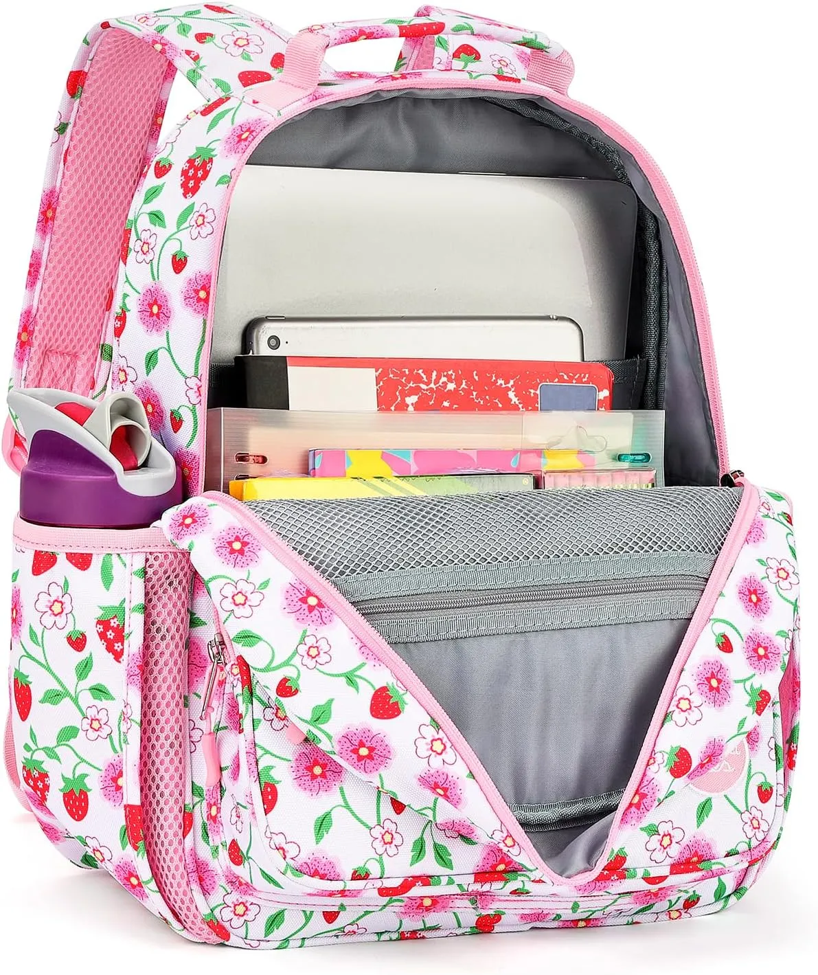 mibasies Girls Backpack 5-8: Lightweight Kids Backpacks for Girls - Girl Bookbag for Elementary School - Strawberry Floral Pink