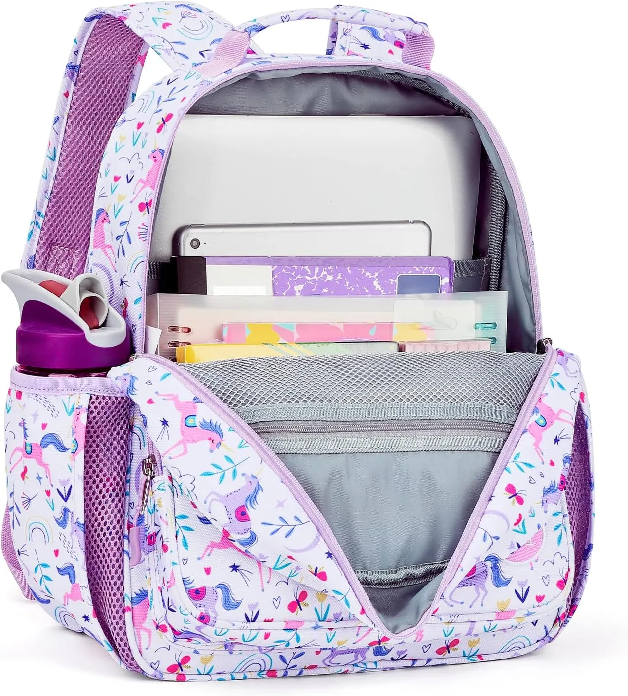 mibasies Girls Backpack 5-8: Lightweight Kids Backpacks for Girls - Girl Bookbag for Elementary School - Unicorn Garden Purple