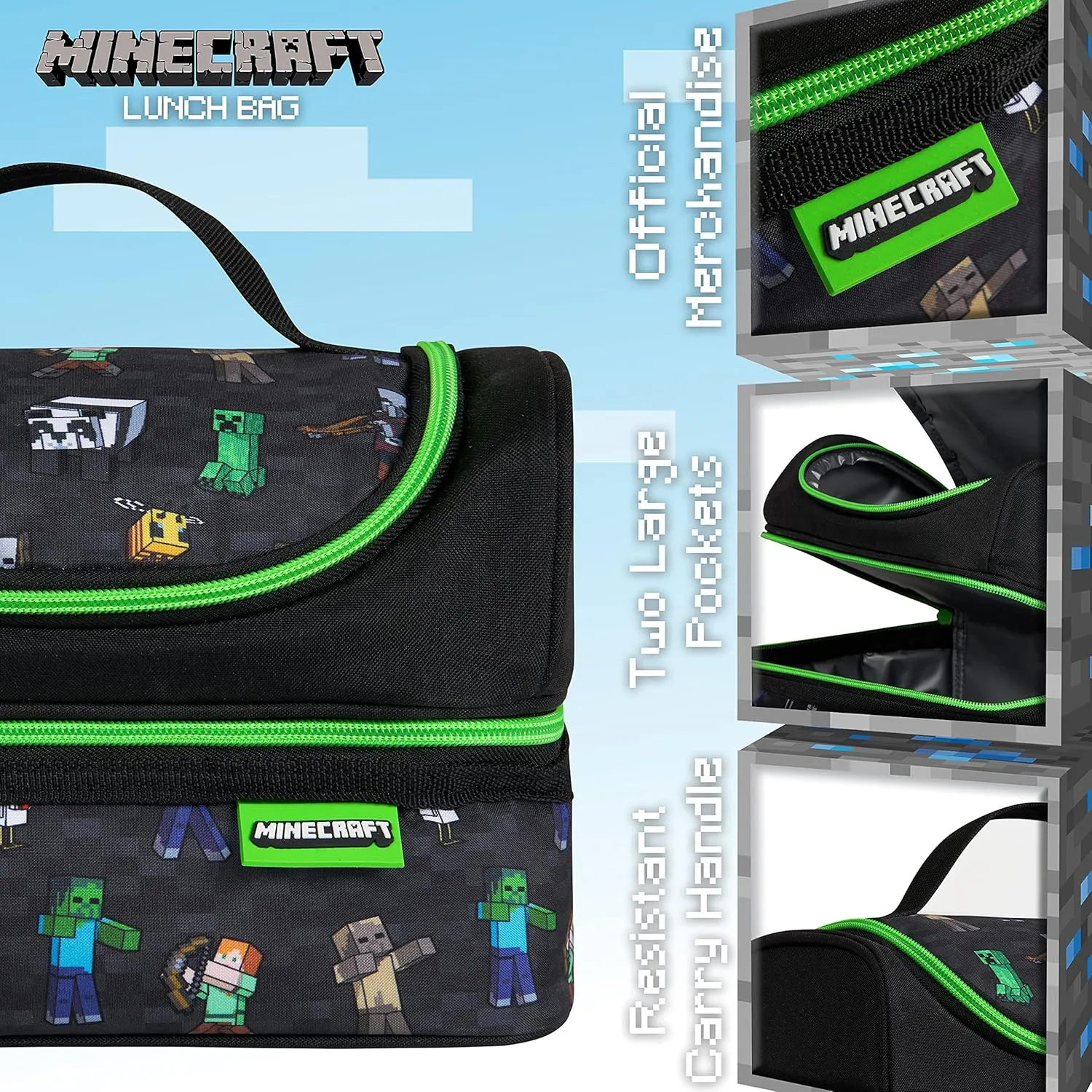 Minecraft Insulated Lunch Bag for Kids Snacks Lunch Bag for Travel Days Out Gamer Gifts (Black)