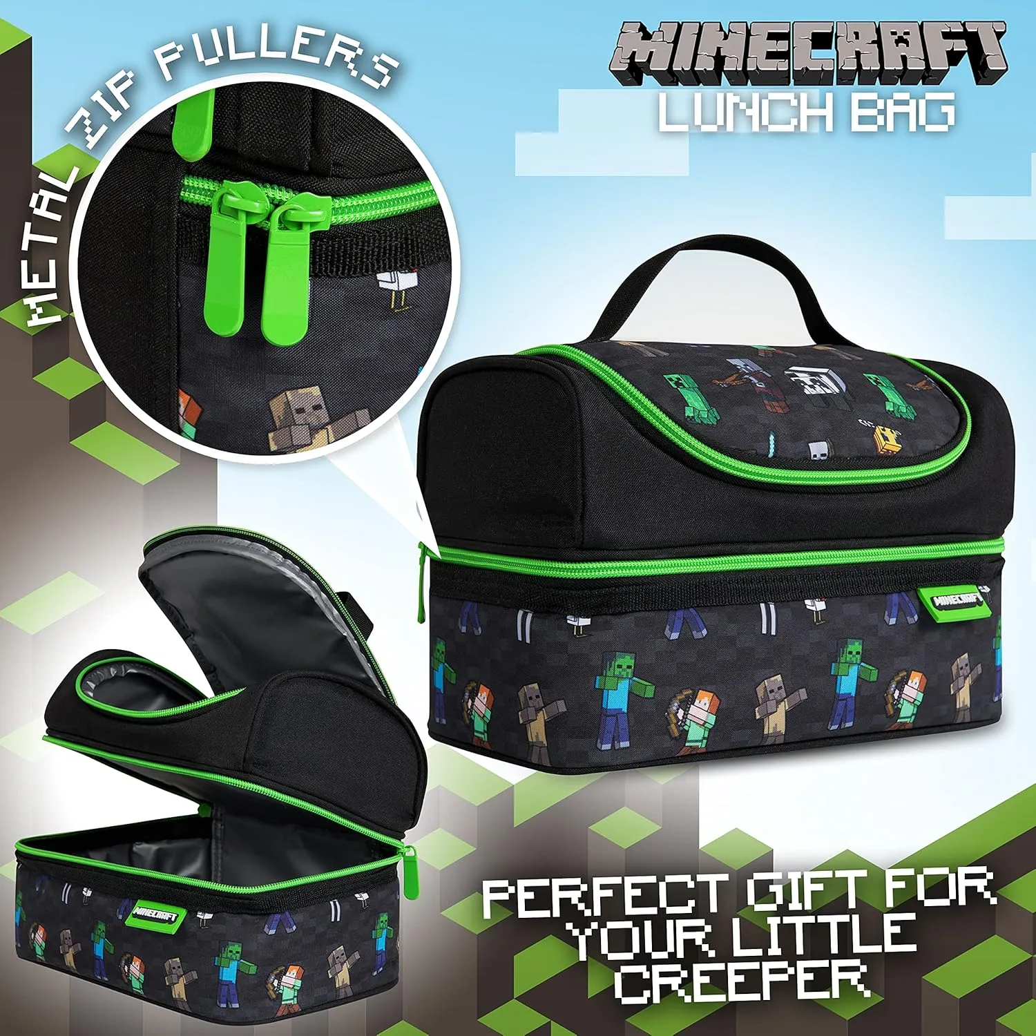 Minecraft Insulated Lunch Bag for Kids Snacks Lunch Bag for Travel Days Out Gamer Gifts (Black)