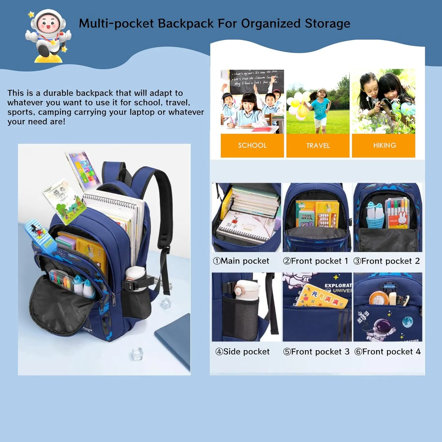MITOWERMI Astronaut Backpack for Boys School Bags Space Kids Backpack for School Elementary Book Bags Girls Lightweight Travel Back Packs Black