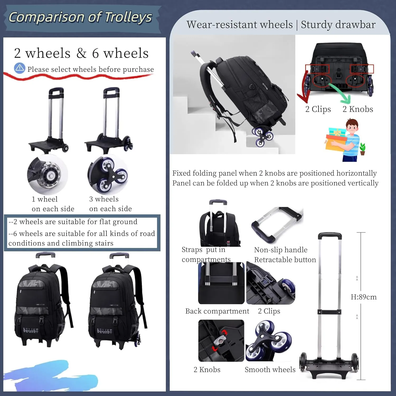 MITOWERMI Backpack with Wheels for Boys Rolling Backpack Kids Carry-on Luggage Trolley Roller School Bookbag on Wheels