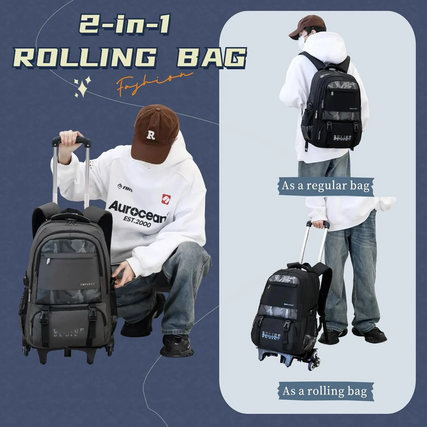 MITOWERMI Backpack with Wheels for Boys Rolling Backpack Kids Carry-on Luggage Trolley Roller School Bookbag on Wheels