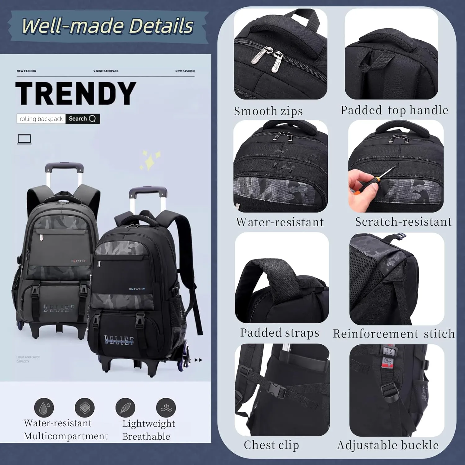 MITOWERMI Backpack with Wheels for Boys Rolling Backpack Kids Carry-on Luggage Trolley Roller School Bookbag on Wheels