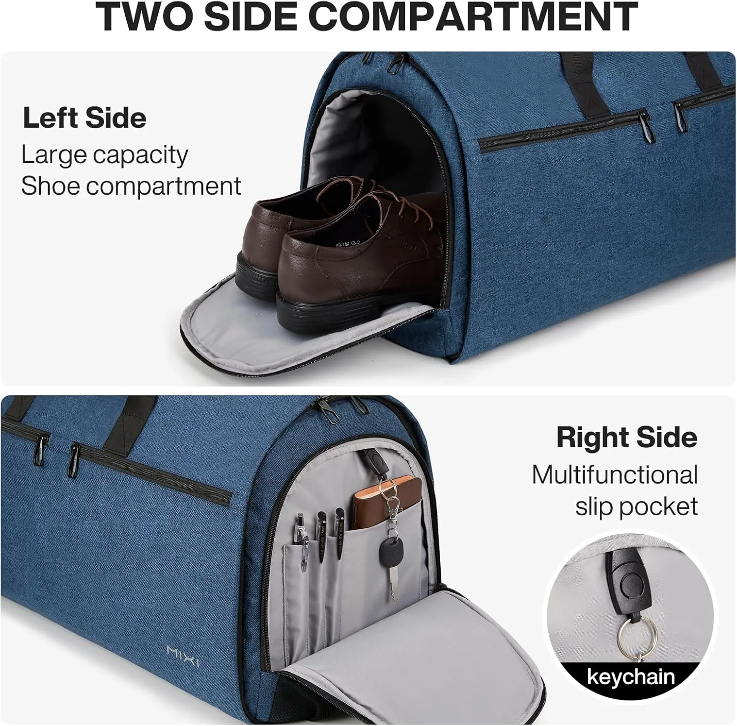mixi Carry On Garment Bag for Travel 56L Convertible Duffle Bag for Men Women 2 in 1 Hanging Luggage Suitcase Dress Suit Travel Bag with Shoes Pouch, Sapphire Blue