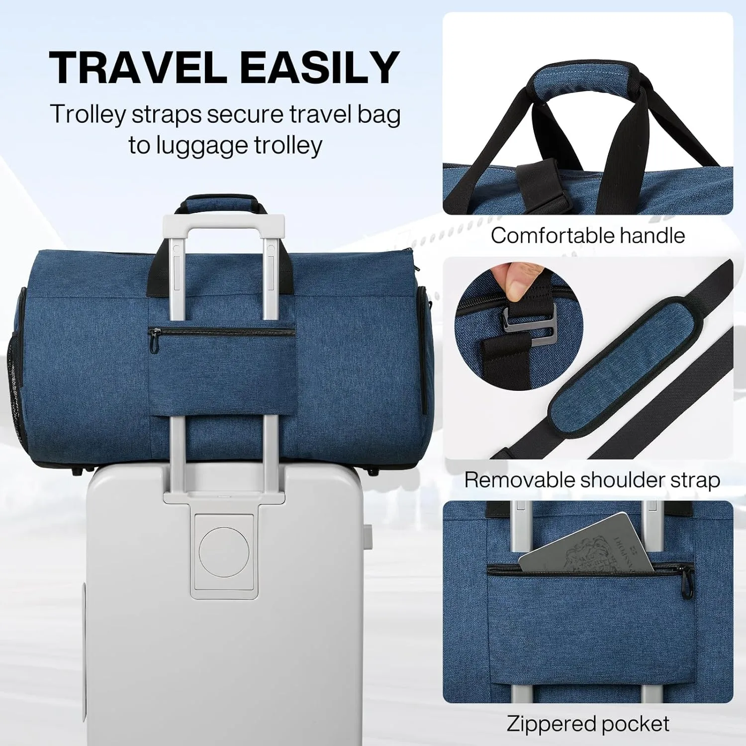 mixi Carry On Garment Bag for Travel 56L Convertible Duffle Bag for Men Women 2 in 1 Hanging Luggage Suitcase Dress Suit Travel Bag with Shoes Pouch, Sapphire Blue