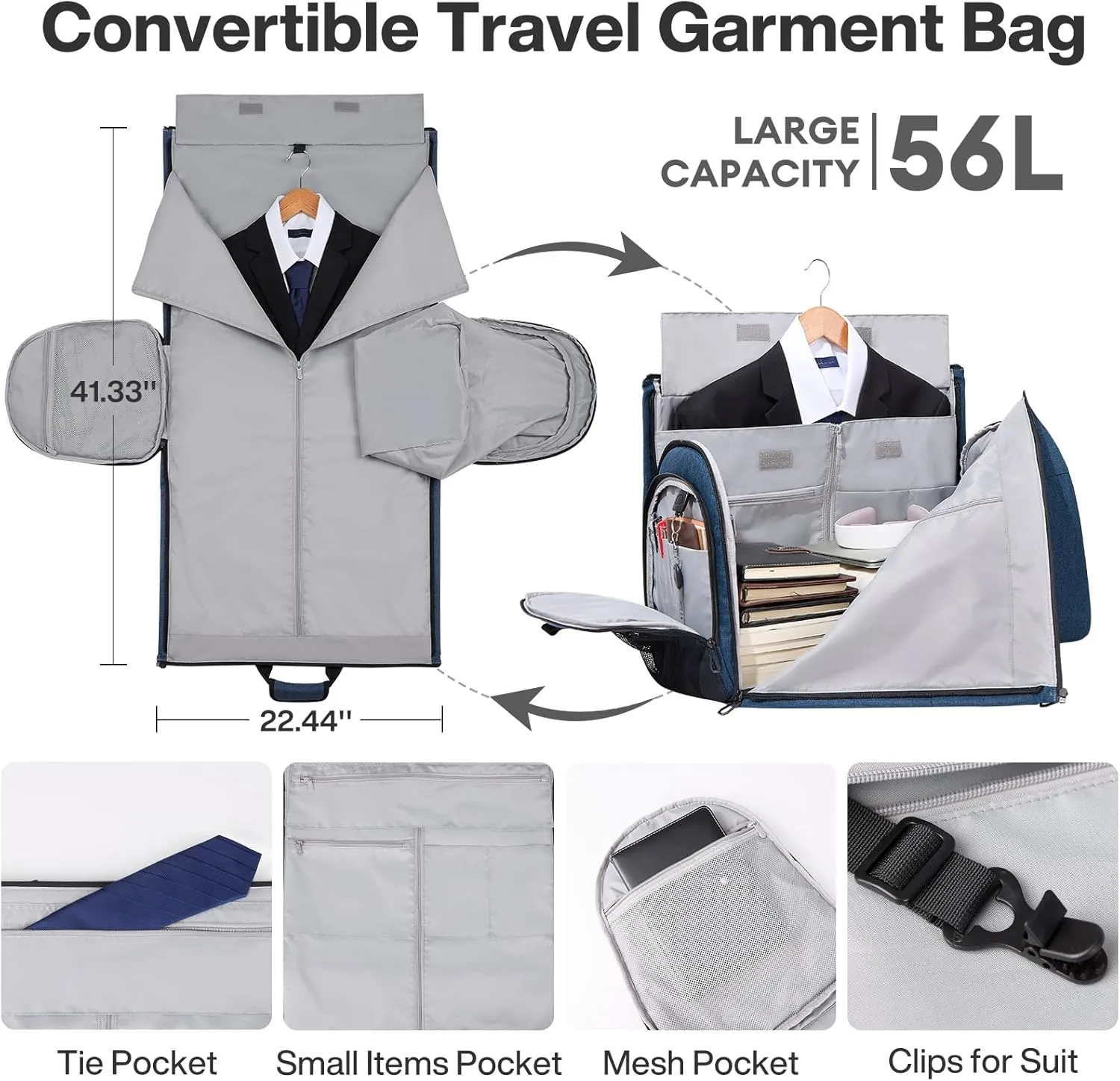 mixi Carry On Garment Bag for Travel 56L Convertible Duffle Bag for Men Women 2 in 1 Hanging Luggage Suitcase Dress Suit Travel Bag with Shoes Pouch, Sapphire Blue