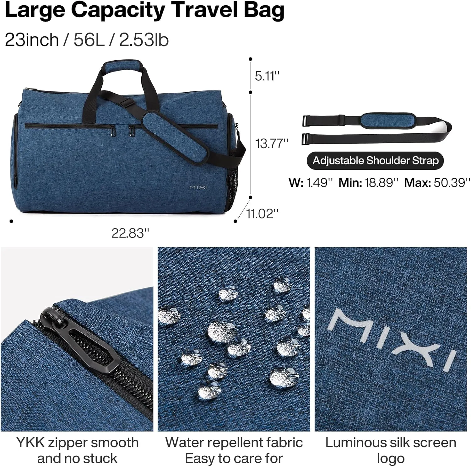 mixi Carry On Garment Bag for Travel 56L Convertible Duffle Bag for Men Women 2 in 1 Hanging Luggage Suitcase Dress Suit Travel Bag with Shoes Pouch, Sapphire Blue
