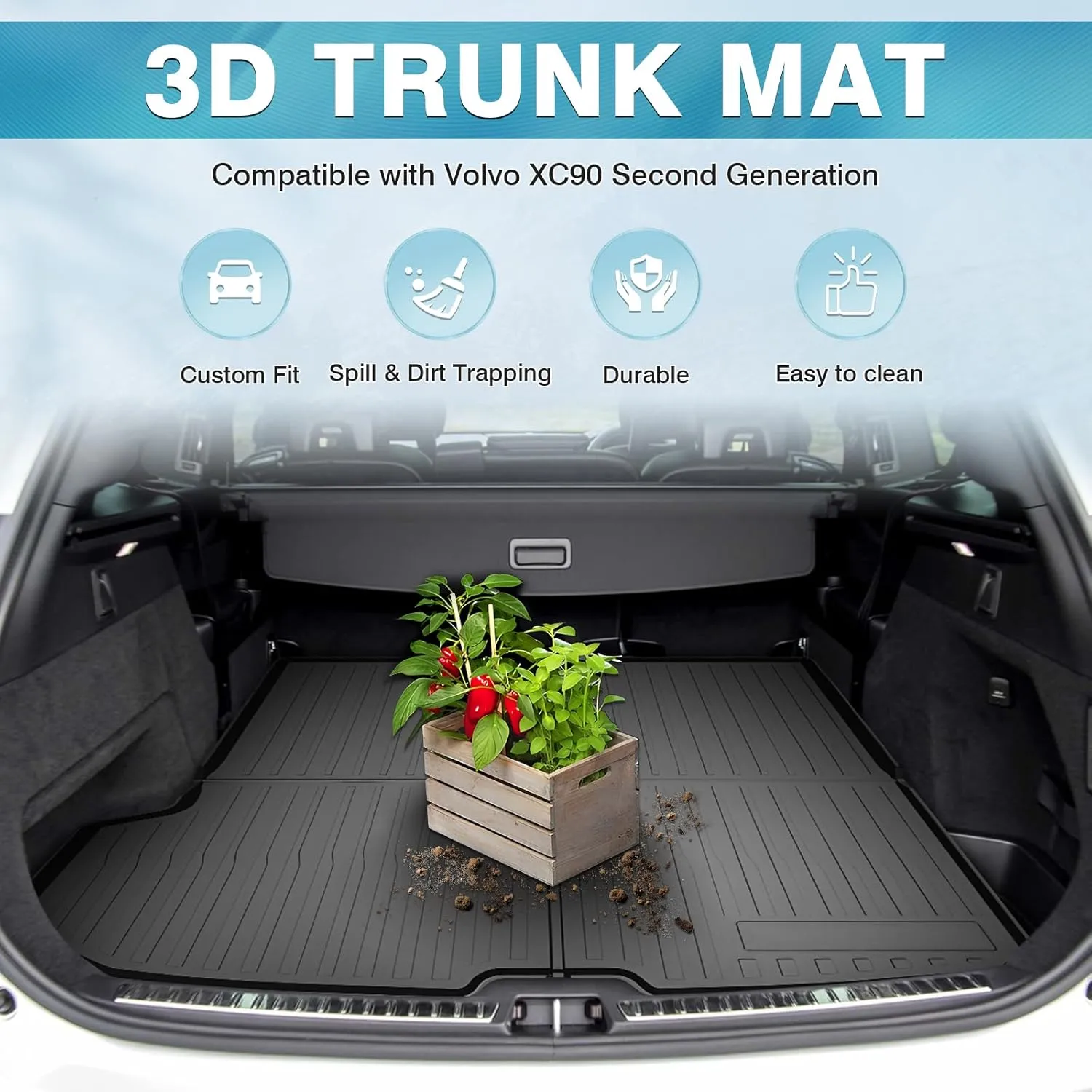 Mixsuper Custom Fit Cargo Liner for Volvo XC90 2016-2025, Trunk Liner for XC90 Accessories All Weather Cargo Mat Behind 2nd Row Anti-Slip Black