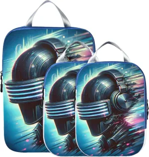 MNSRUU Packing Cubes Magic Black Head with Dj Helmets Compression Luggage Cubes Packing Bags Travel Organizer for Suitcases, 3 PCS
