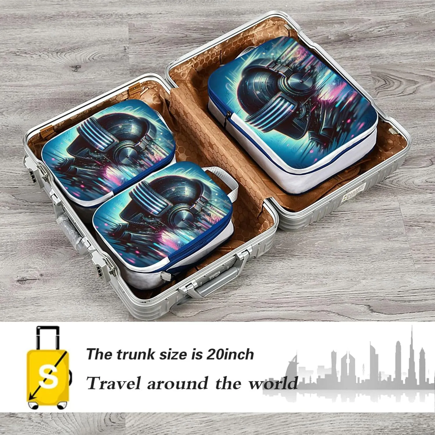 MNSRUU Packing Cubes Magic Black Head with Dj Helmets Compression Luggage Cubes Packing Bags Travel Organizer for Suitcases, 3 PCS