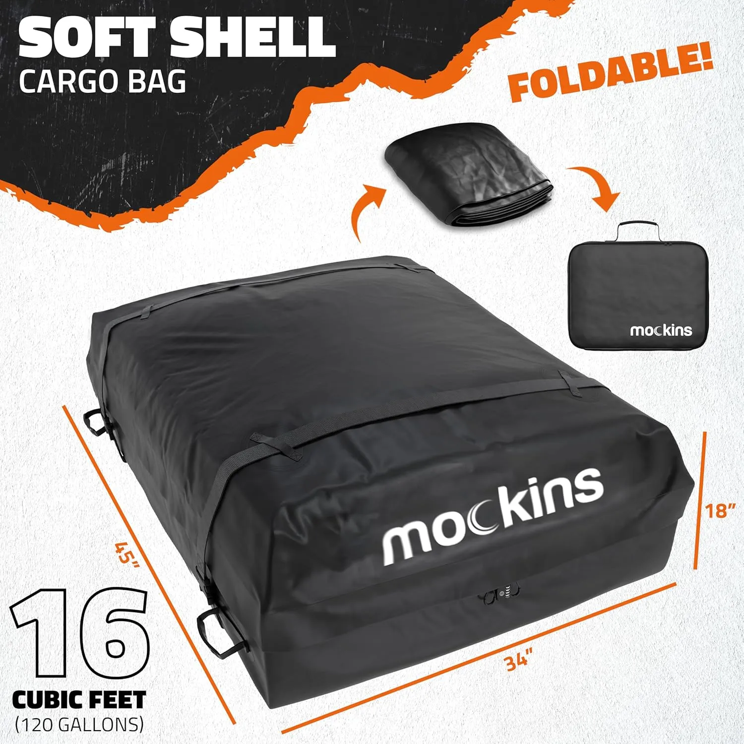 Mockins 16 Cu.Ft. Car Roof Bag | 45"x34"x18" Heavy Duty Rooftop Cargo Carrier | Roof Rack Bag Waterproof Luggage Set Includes PVC Foam Mat, Combo Lock, Door Hooks & Straps for Use With or Without Rack
