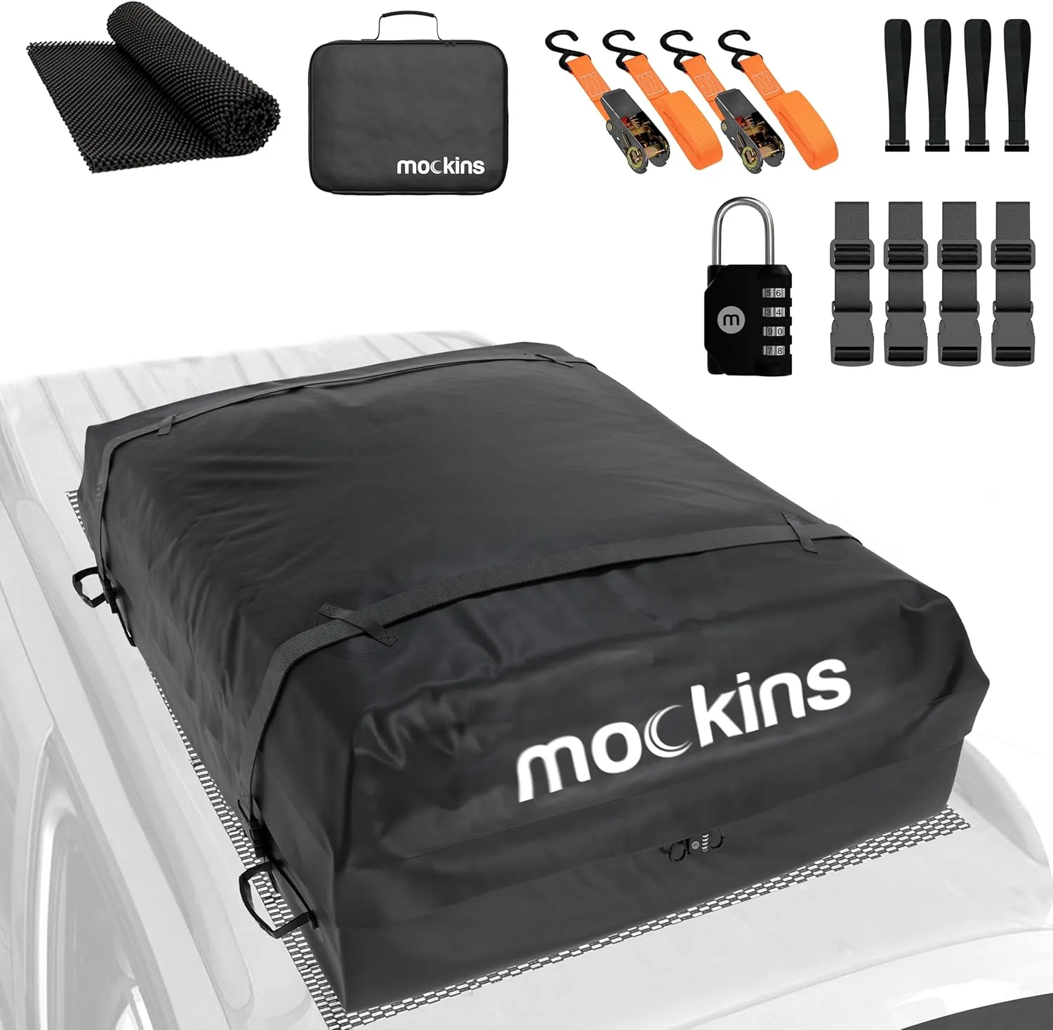 Mockins 16 Cu.Ft. Car Roof Bag | 45"x34"x18" Heavy Duty Rooftop Cargo Carrier | Roof Rack Bag Waterproof Luggage Set Includes PVC Foam Mat, Combo Lock, Door Hooks & Straps for Use With or Without Rack