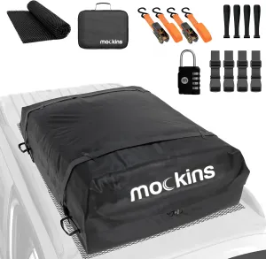 Mockins 16 Cu.Ft. Car Roof Bag | 45"x34"x18" Heavy Duty Rooftop Cargo Carrier | Roof Rack Bag Waterproof Luggage Set Includes PVC Foam Mat, Combo Lock, Door Hooks & Straps for Use With or Without Rack