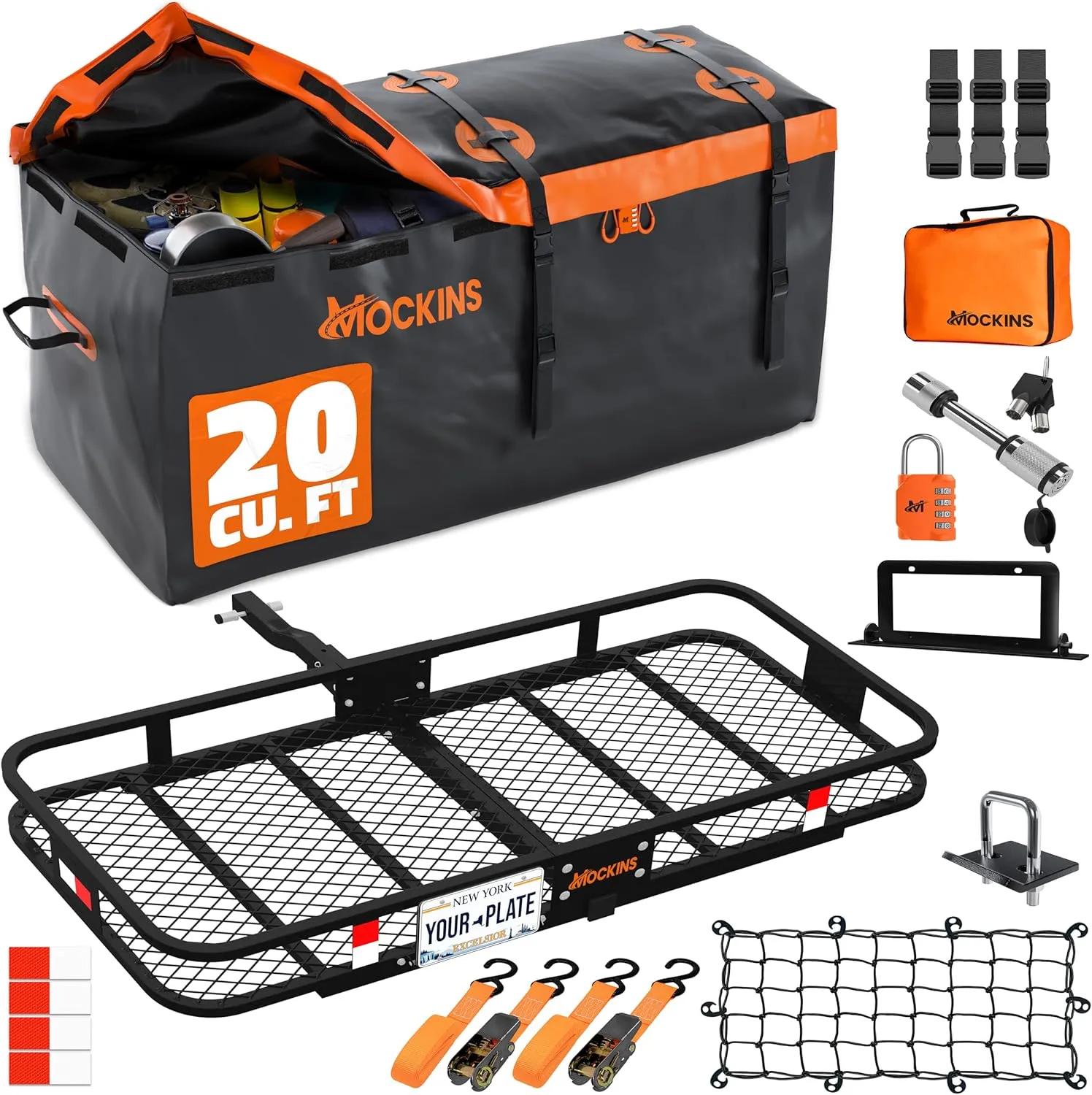 Mockins 60"x20"x6" Folding Trailer Hitch Cargo Carrier with 20 Cu.Ft. Waterproof Cargo Bag | 500 Lbs. Capacity | Compatible with Car, SUV, Truck