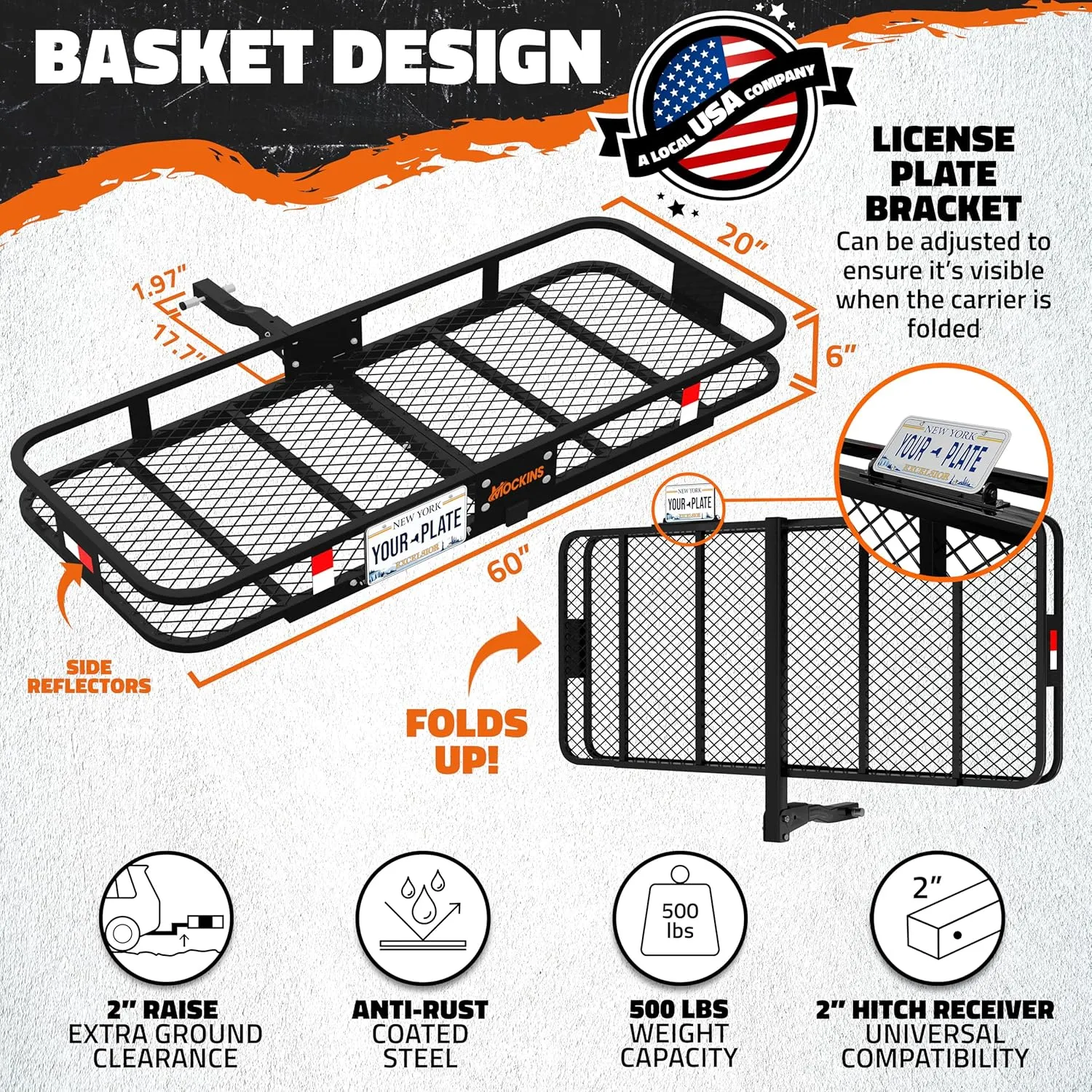 Mockins 60"x20"x6" Folding Trailer Hitch Cargo Carrier with 20 Cu.Ft. Waterproof Cargo Bag | 500 Lbs. Capacity | Compatible with Car, SUV, Truck