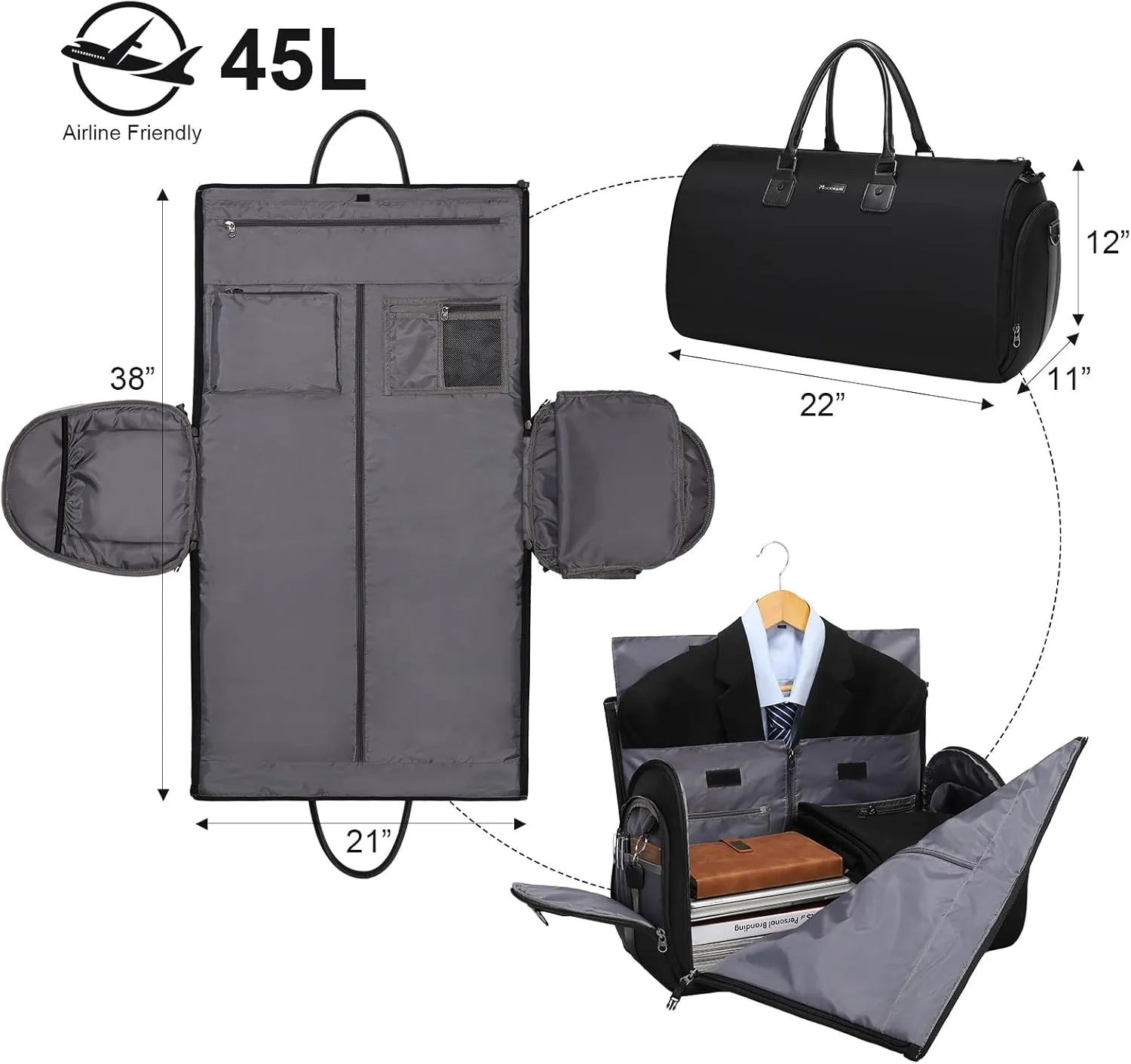 Modoker Convertible Garment Bags for Travel, Carry on Garment Duffel Bag for Women Men Weekender - 2 in 1 Hanging Suitcase Suit Travel Bags, Black