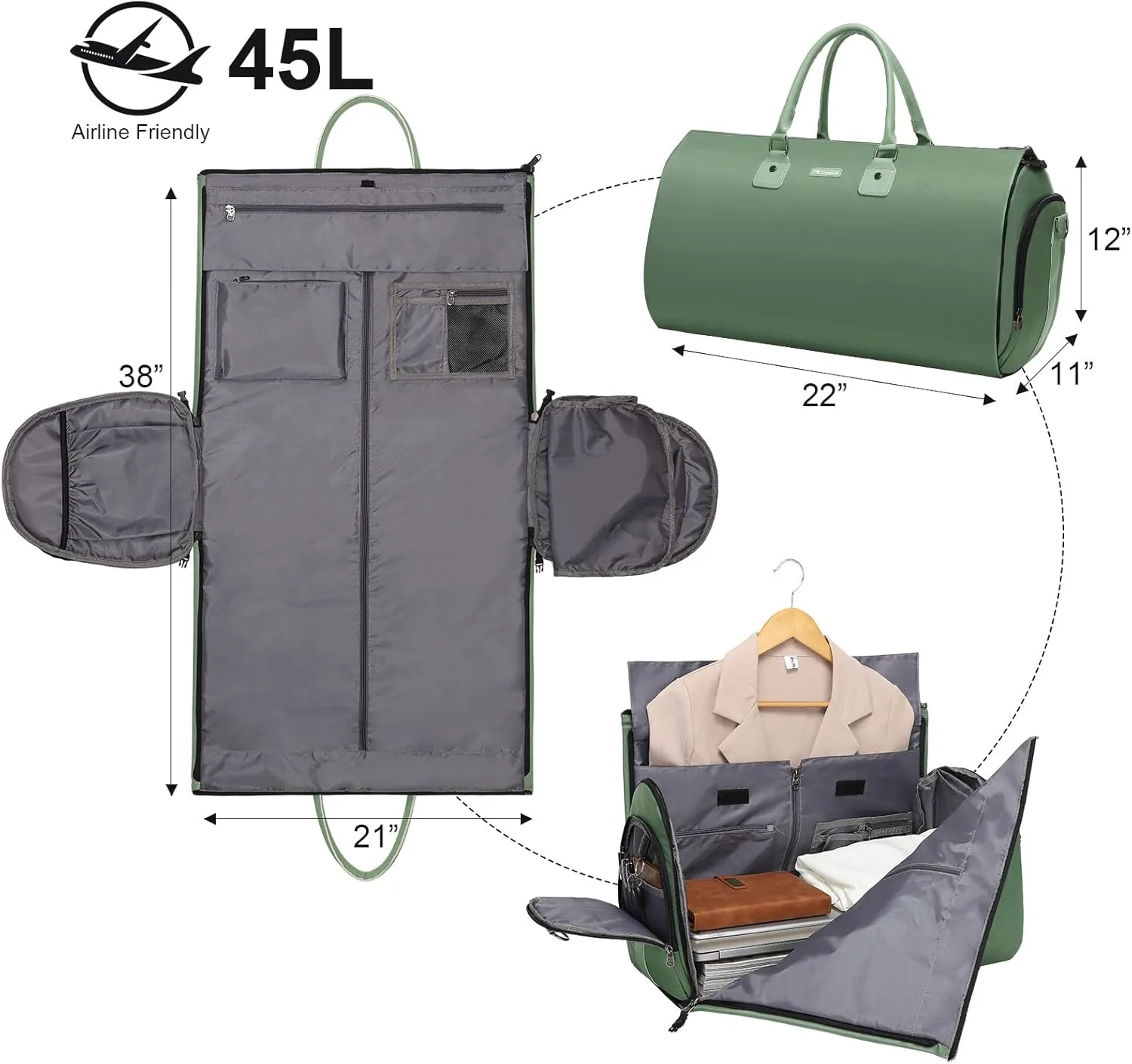 Modoker Convertible Garment Bags for Travel, Carry on Garment Duffel Bag for Women Men Weekender - 2 in 1 Hanging Suitcase Suit Travel Bags, Green