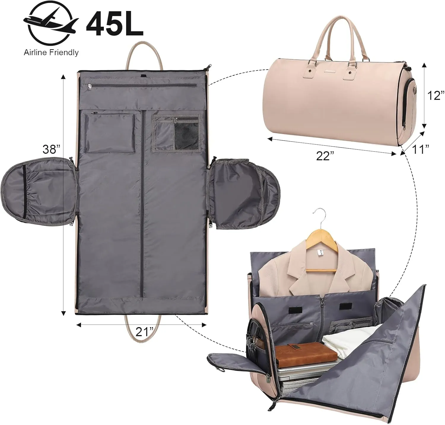 Modoker Convertible Garment Bags for Travel, Carry on Garment Duffel Bag for Women Men Weekender - 2 in 1 Hanging Suitcase Suit Travel Bags, Pink