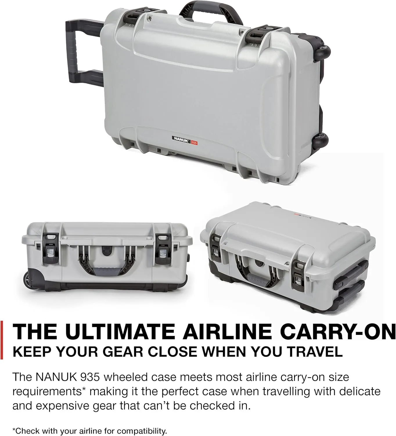 NANUK Wheeled Series 935 Lightweight NK-7 Resin Waterproof Protective Case and Padded Divider - Silver