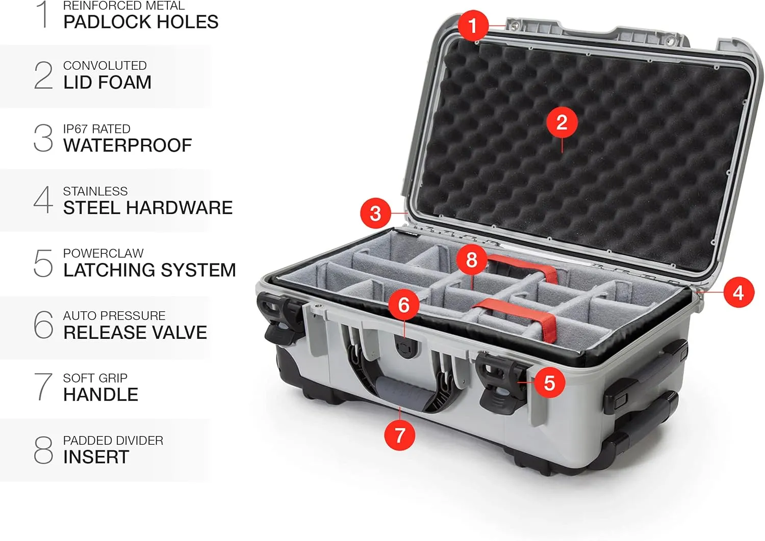 NANUK Wheeled Series 935 Lightweight NK-7 Resin Waterproof Protective Case and Padded Divider - Silver