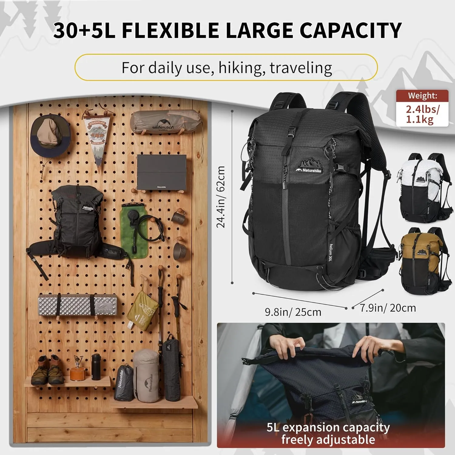 Naturehike Hiking Backpack, 30 5L Travel Backpack with Macromolecule Fabric, Hiking Daypack with AIR Backpack System for Women Men