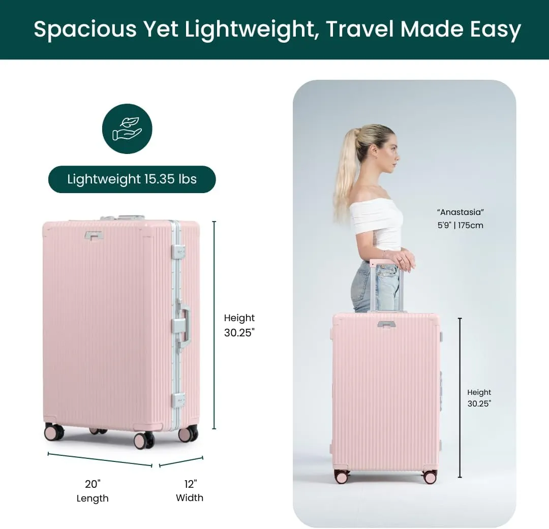Nobl Travel Zipperless Check In Suitcase - Aluminum Frame, Check in luggage 30.25x20x12 Airline Approved by Noble Travel - Unbreakable Polycarbonate Shell - Dual TSA Locks, 360° Spinner Wheels - Pink