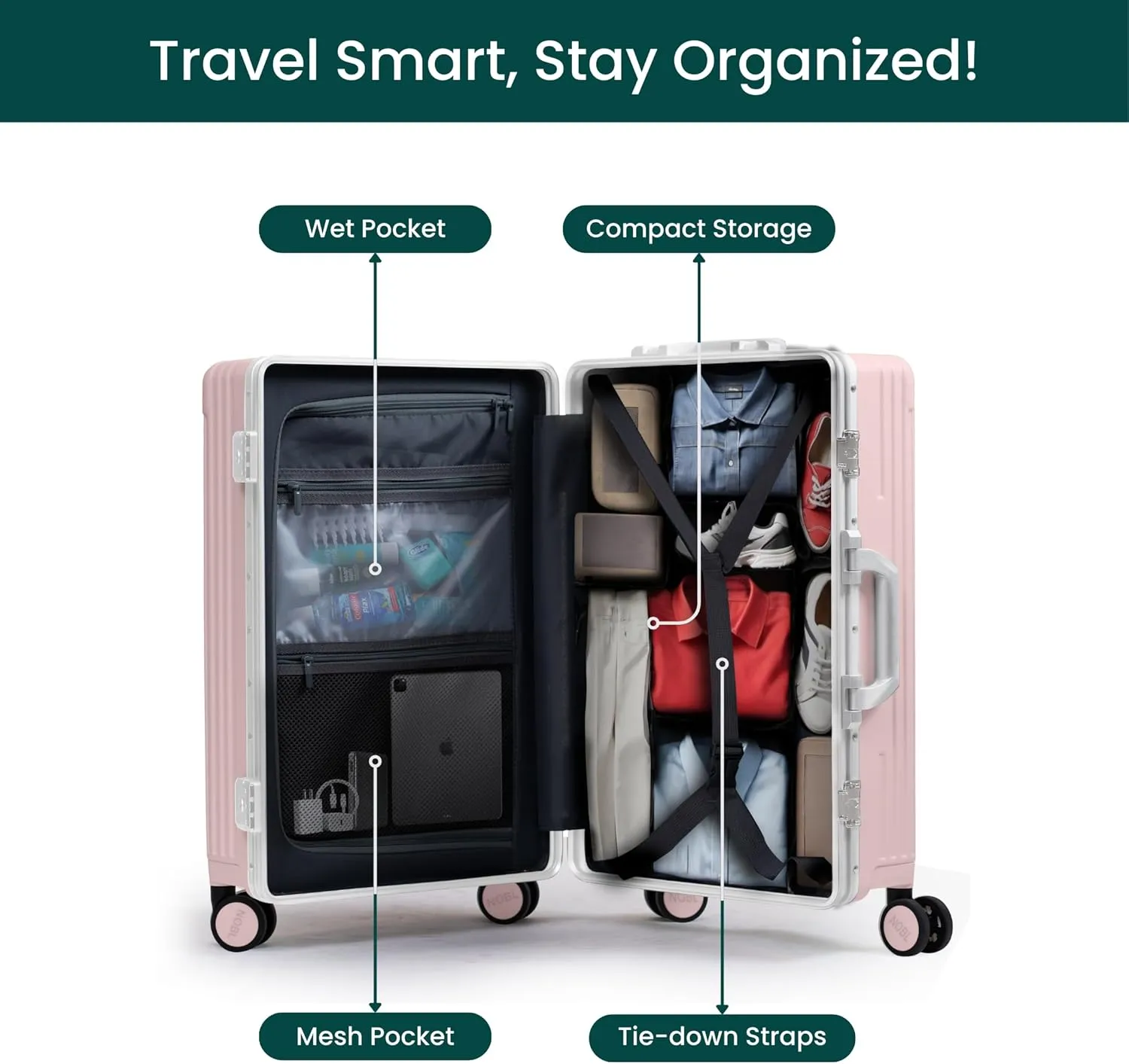 Nobl Travel Zipperless Check In Suitcase - Aluminum Frame, Check in luggage 30.25x20x12 Airline Approved by Noble Travel - Unbreakable Polycarbonate Shell - Dual TSA Locks, 360° Spinner Wheels - Pink