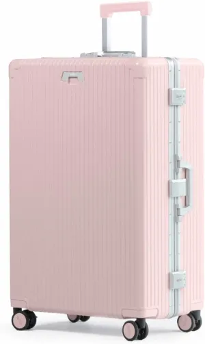 Nobl Travel Zipperless Check In Suitcase - Aluminum Frame, Check in luggage 30.25x20x12 Airline Approved by Noble Travel - Unbreakable Polycarbonate Shell - Dual TSA Locks, 360° Spinner Wheels - Pink