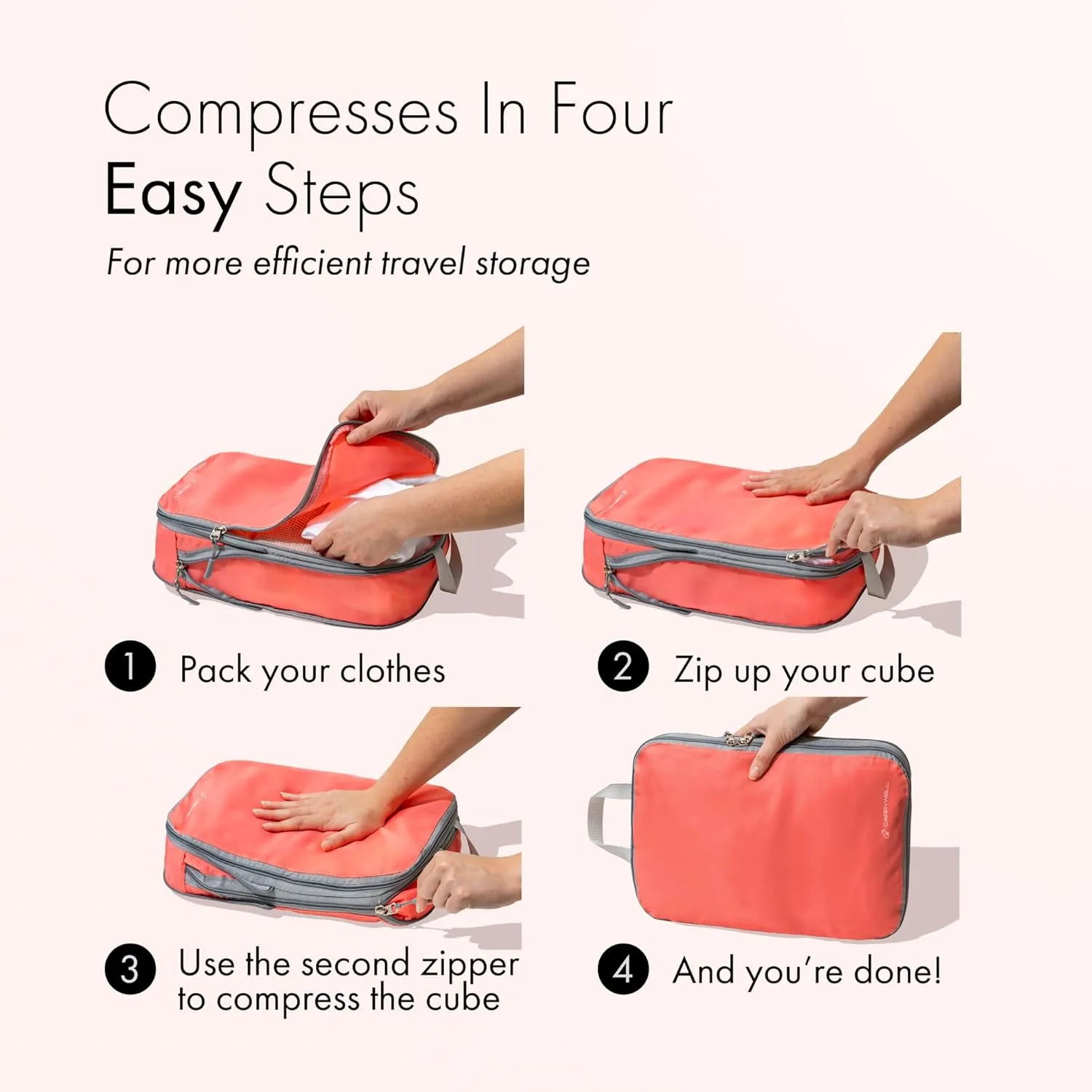 (Not Made In China) Compression Packing Cubes For Travel 4pc Set, Suitcase and Luggage Organizer Bags, Lightweight, Durable (Coral)