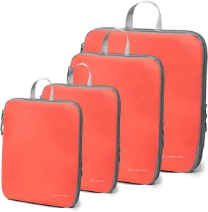 (Not Made In China) Compression Packing Cubes For Travel 4pc Set, Suitcase and Luggage Organizer Bags, Lightweight, Durable (Coral)