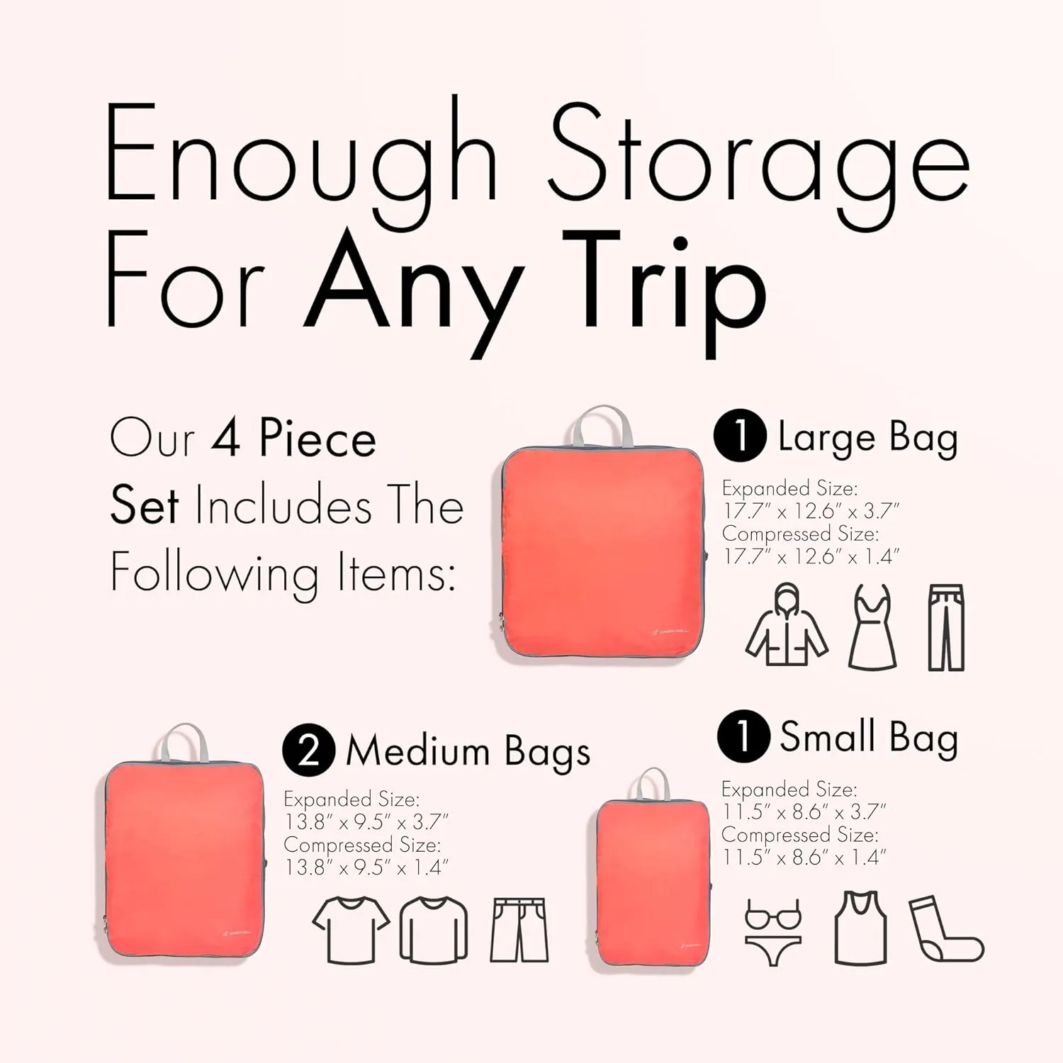 (Not Made In China) Compression Packing Cubes For Travel 4pc Set, Suitcase and Luggage Organizer Bags, Lightweight, Durable (Coral)