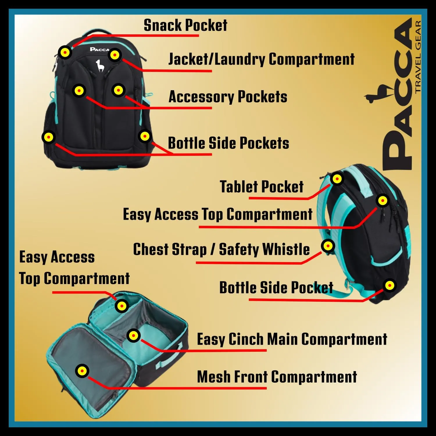 Pacca Light Travel Backpack Suitcase (Black/Blue) | 25L Carryon Luggage, Fits Under Seat | TSA, Airport, Airline Flight Approved Personal Item Under 18x14x8 | Weekend Overnight Bag