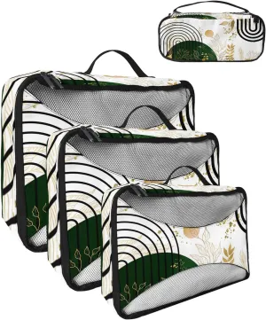 Packing Cubes for Travel, 4 Set Travel Packing Organized Cubes Boho Abstract Leaf Plant Bohemian White Waterproof Luggage Organizer with Laundry Bag Shoe Bag Travel Accessories for Carry On Suitcases