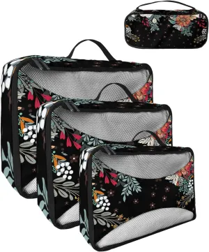 Packing Cubes for Travel, 4 Set Travel Packing Organized Cubes Boho Flower Plant Bohemian Abstract Floral Black Waterproof Luggage Organizer with Laundry Bag Travel Accessories for Carry On Suitcases
