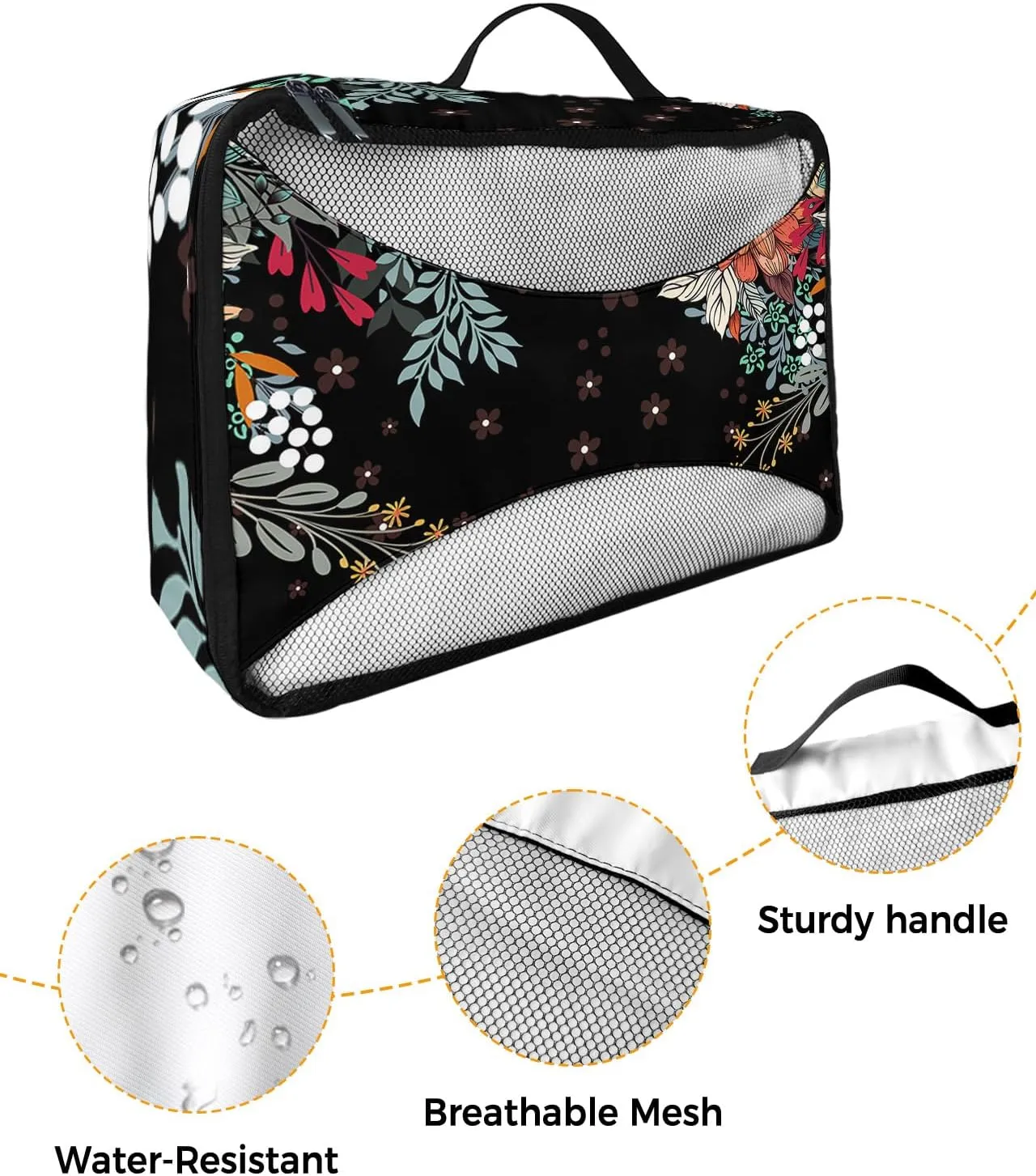 Packing Cubes for Travel, 4 Set Travel Packing Organized Cubes Boho Flower Plant Bohemian Abstract Floral Black Waterproof Luggage Organizer with Laundry Bag Travel Accessories for Carry On Suitcases