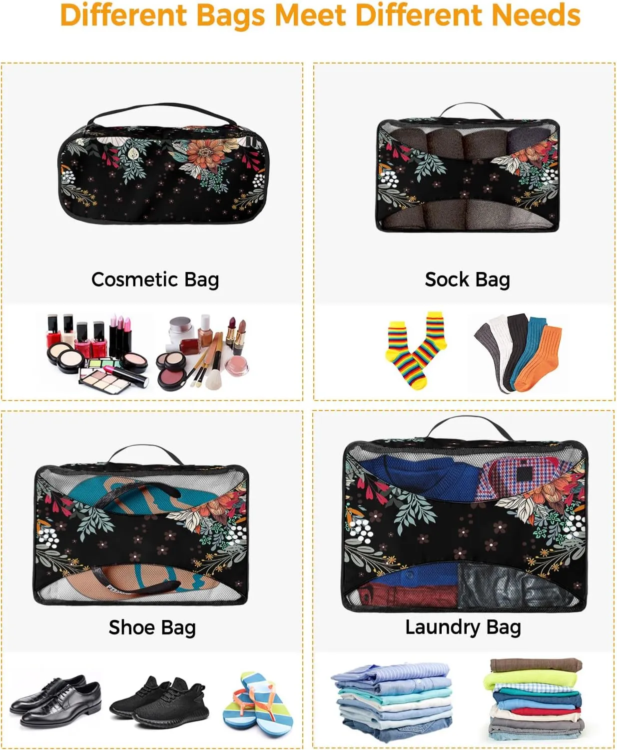 Packing Cubes for Travel, 4 Set Travel Packing Organized Cubes Boho Flower Plant Bohemian Abstract Floral Black Waterproof Luggage Organizer with Laundry Bag Travel Accessories for Carry On Suitcases