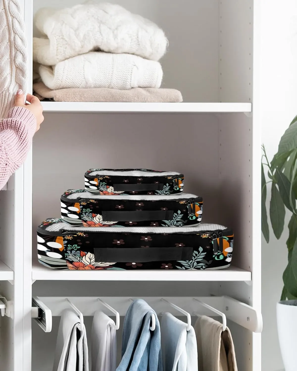 Packing Cubes for Travel, 4 Set Travel Packing Organized Cubes Boho Flower Plant Bohemian Abstract Floral Black Waterproof Luggage Organizer with Laundry Bag Travel Accessories for Carry On Suitcases