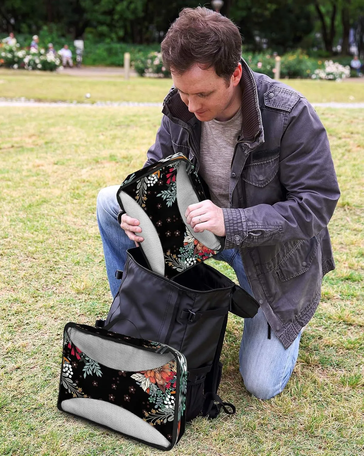 Packing Cubes for Travel, 4 Set Travel Packing Organized Cubes Boho Flower Plant Bohemian Abstract Floral Black Waterproof Luggage Organizer with Laundry Bag Travel Accessories for Carry On Suitcases