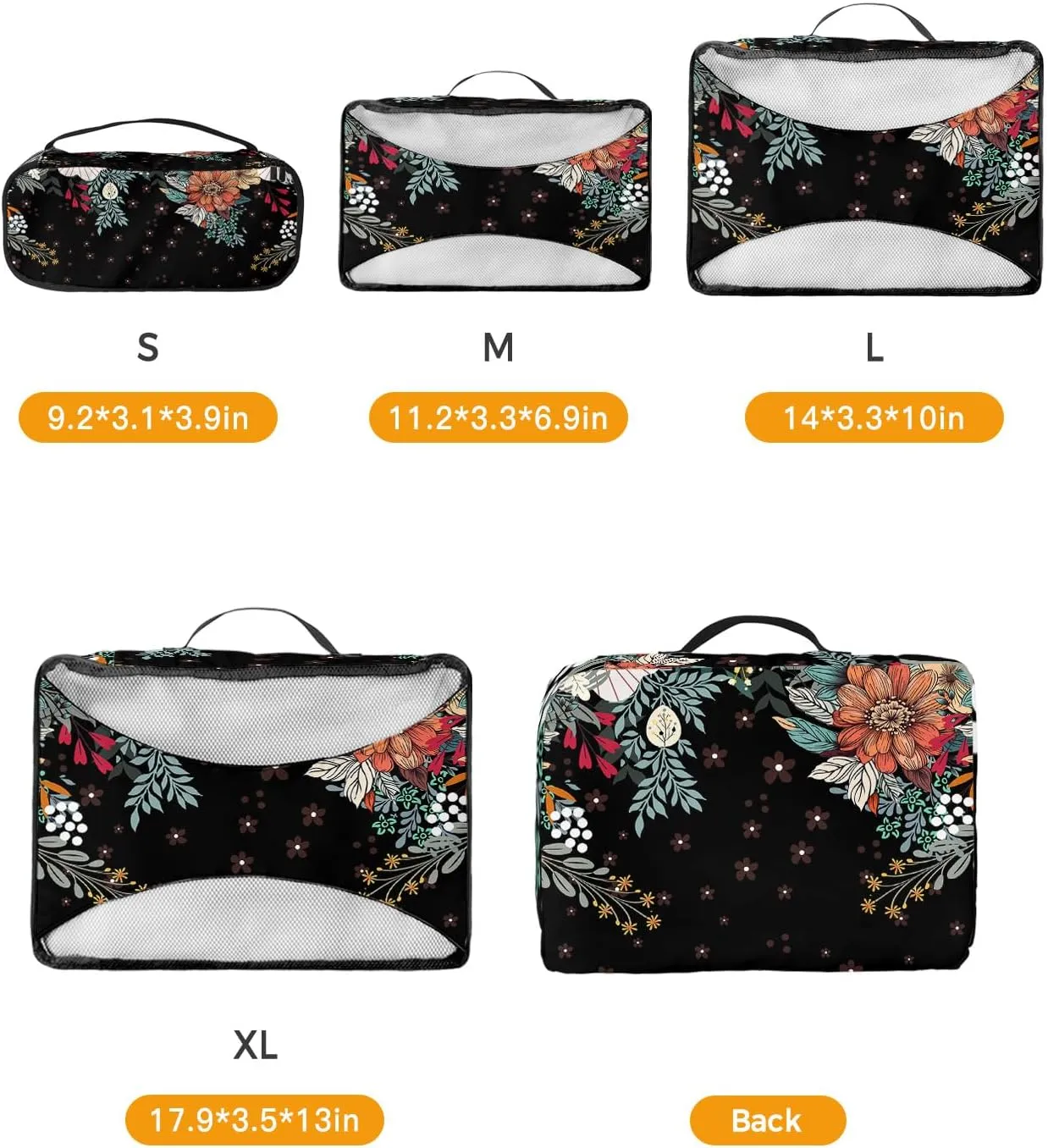 Packing Cubes for Travel, 4 Set Travel Packing Organized Cubes Boho Flower Plant Bohemian Abstract Floral Black Waterproof Luggage Organizer with Laundry Bag Travel Accessories for Carry On Suitcases