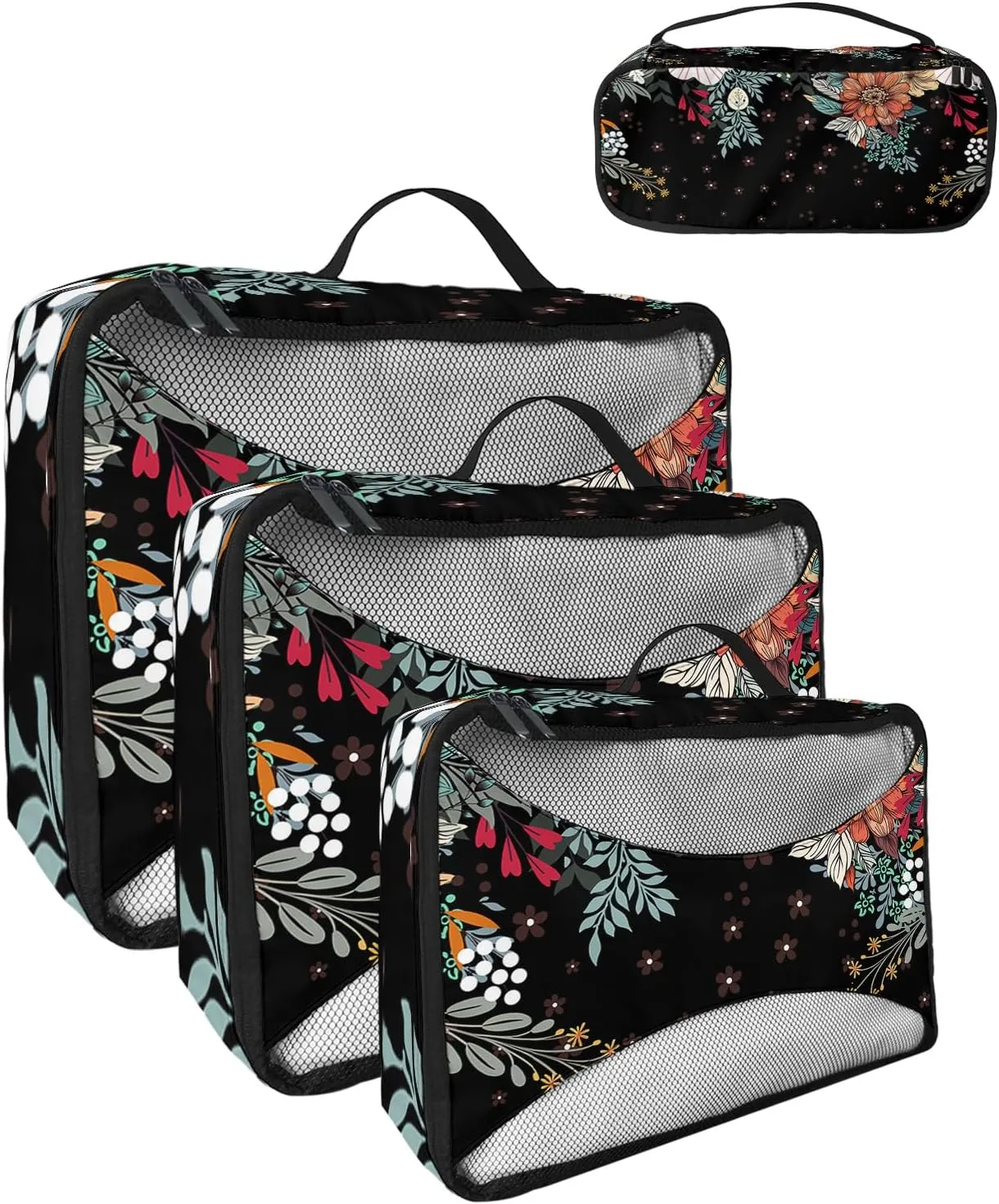 Packing Cubes for Travel, 4 Set Travel Packing Organized Cubes Boho Flower Plant Bohemian Abstract Floral Black Waterproof Luggage Organizer with Laundry Bag Travel Accessories for Carry On Suitcases