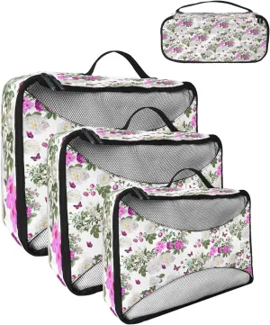 Packing Cubes for Travel, 4 Set Travel Packing Organized Cubes Floral Plants Green Leaves Vintage Butterfly Waterproof Luggage Organizer with Laundry Bag Travel Accessories for Carry On Suitcases