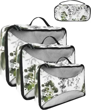 Packing Cubes for Travel, 4 Set Travel Packing Organized Cubes Floral Plants Leaves Watercolor Hand Painted Style Dark Green Waterproof Luggage Organizer Travel Accessories for Carry On Suitcases