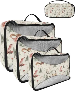 Packing Cubes for Travel, 4 Set Travel Packing Organized Cubes Retro Christmas Elk Owl Fox Xmas Tree Mushroom Waterproof Luggage Organizer with Laundry Bag Travel Accessories for Carry On Suitcases