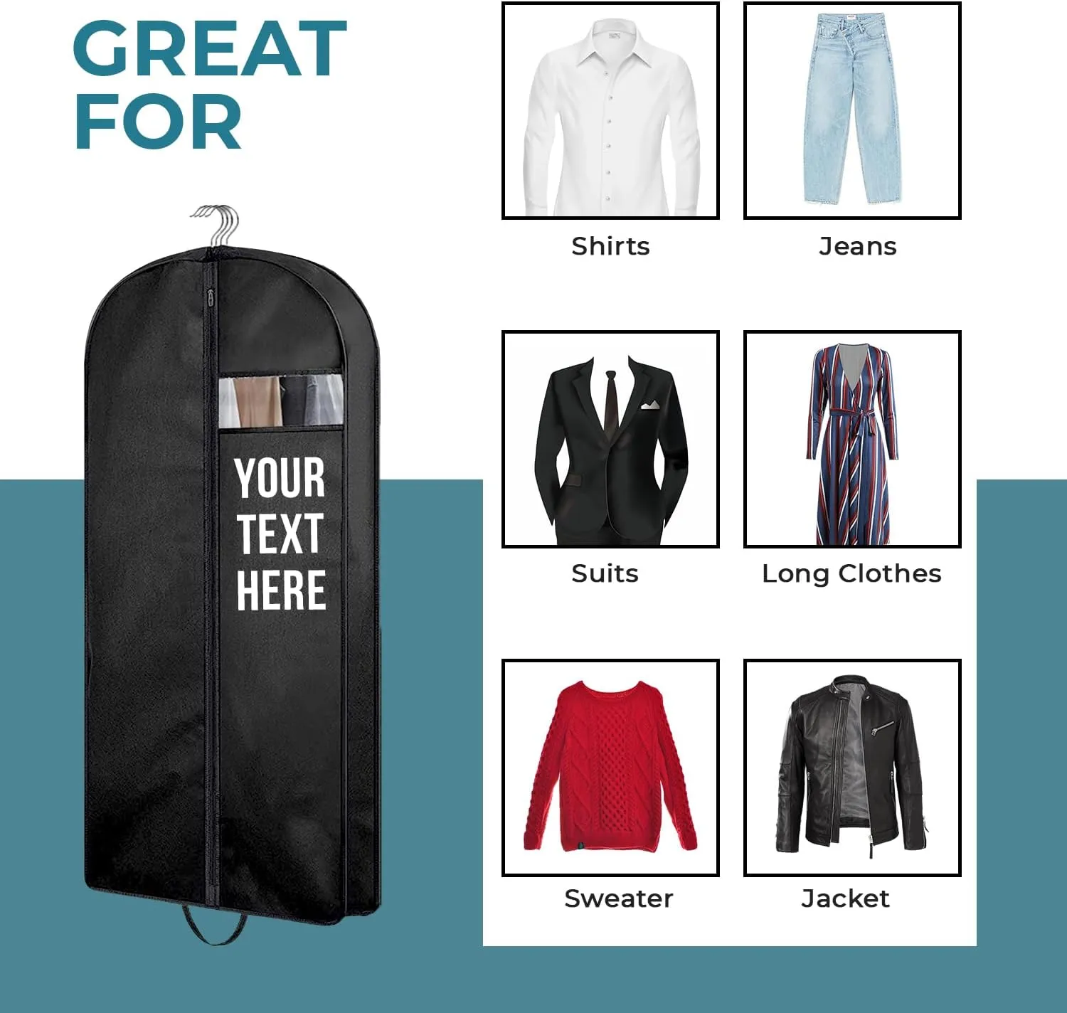 Personalized Passion Garment Bags for Men & Women - Perfect Sized 43” Suit Cover for Travel and Storage - Custom Name Gusseted Travel Garment Hanging Bag for Suit Coat, Dresses, Shirts, Jackets