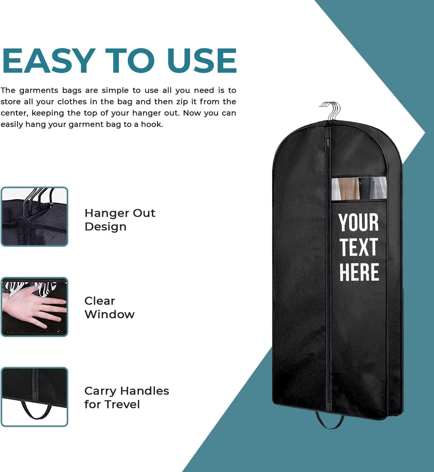 Personalized Passion Garment Bags for Men & Women - Perfect Sized 43” Suit Cover for Travel and Storage - Custom Name Gusseted Travel Garment Hanging Bag for Suit Coat, Dresses, Shirts, Jackets