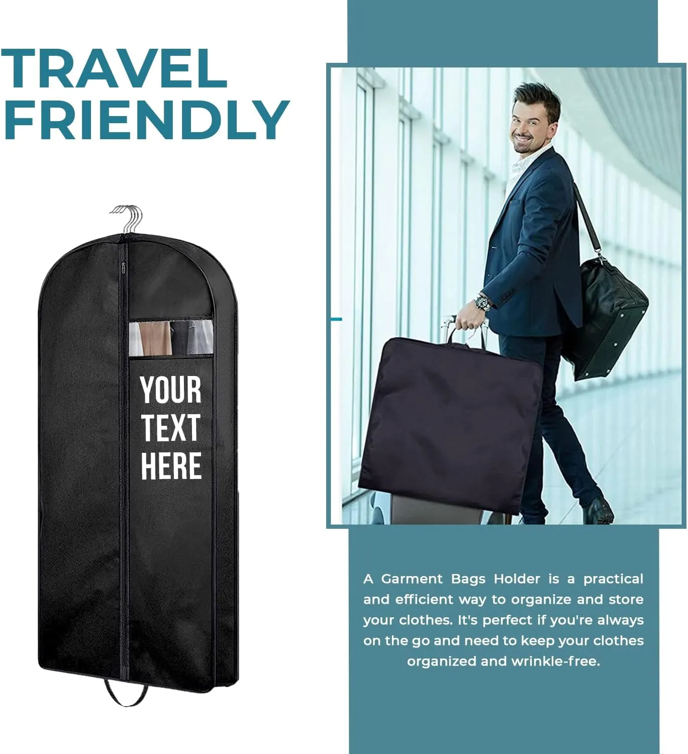 Personalized Passion Garment Bags for Men & Women - Perfect Sized 43” Suit Cover for Travel and Storage - Custom Name Gusseted Travel Garment Hanging Bag for Suit Coat, Dresses, Shirts, Jackets