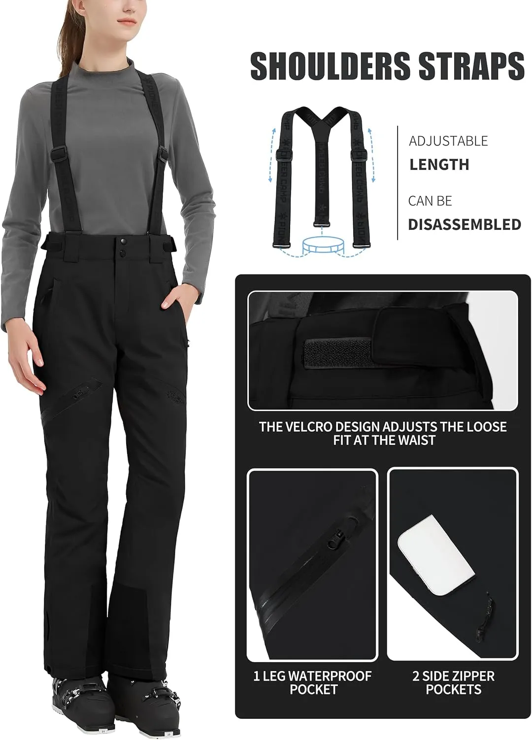Pioneer Camp Women's Snow Pants Ski Bibs Waterproof Insulated Snowboard Overalls Winter Cargo Hiking Pants with Suspenders