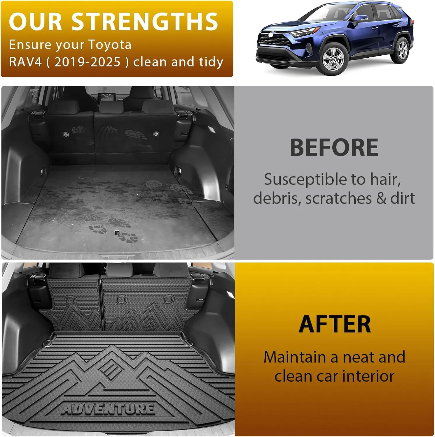 Powerty Cargo Mats with Backrest Mat for Toyota RAV4 2019-2025 Accessories(Include Hybrid&Gasoline), All Weather TPE Cargo Trunk Liners with Seat Back Mat Replacement for RAV4 (Trunk Mat Backrest Mat)
